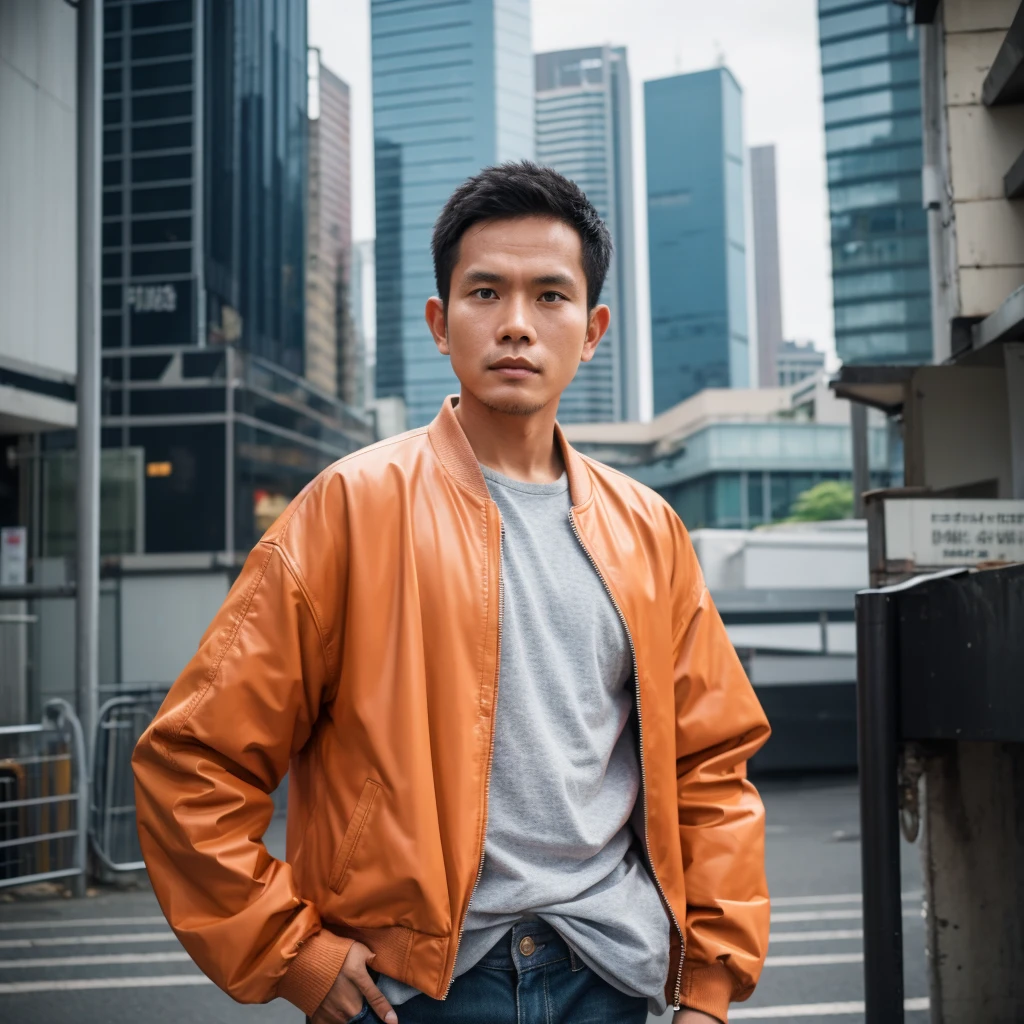 an Indonesian man wearing a jacket and standing straight facing the front. The photo was taken from a front position, urban background, the image looks like it was taken by a professional photographer.