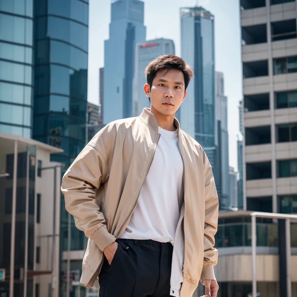 an Indonesian man wearing a jacket and standing straight facing the front. The photo was taken from a front position, urban background, the image looks like it was taken by a professional photographer.