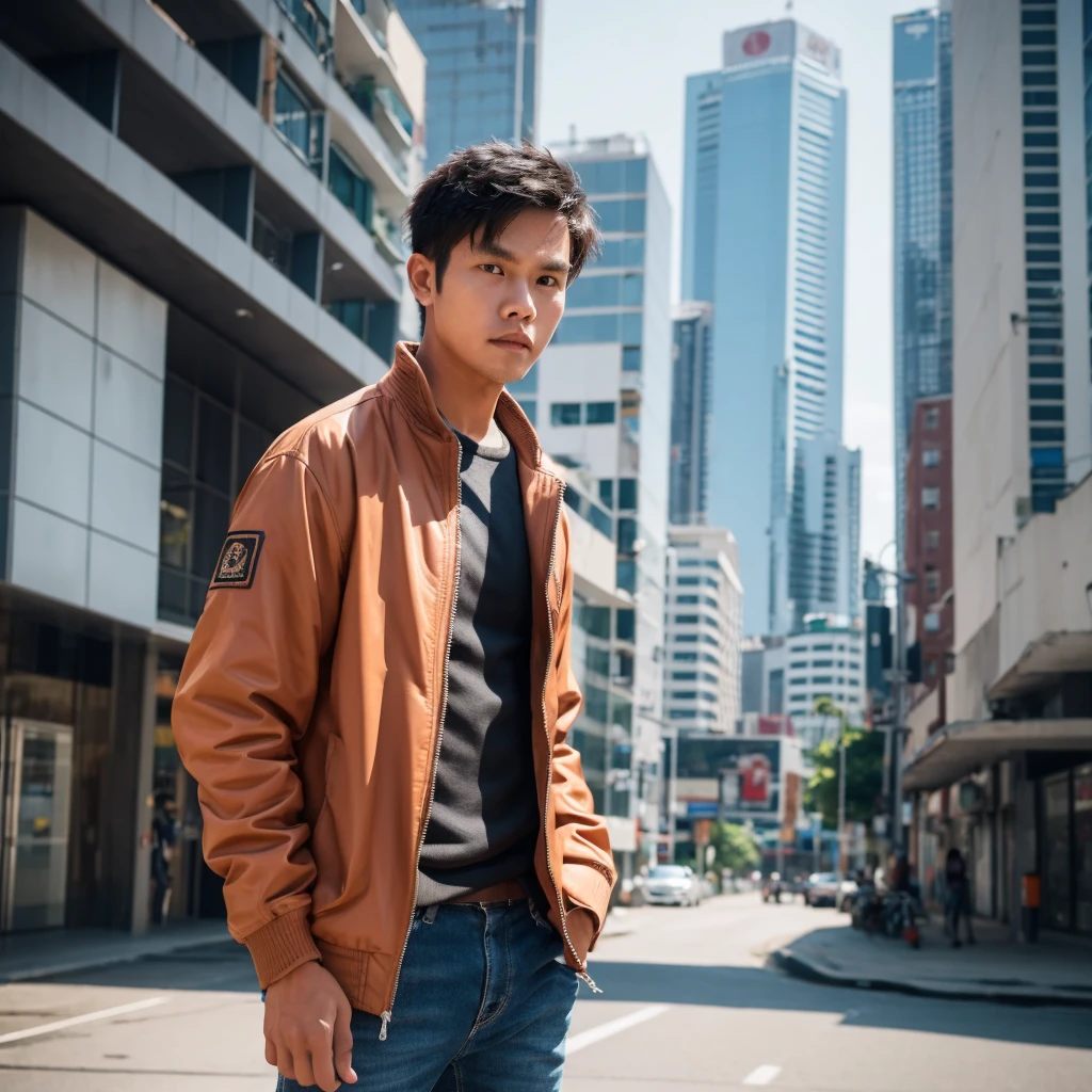 an Indonesian man wearing a jacket and standing straight facing the front. The photo was taken from a front position, urban background, the image looks like it was taken by a professional photographer.