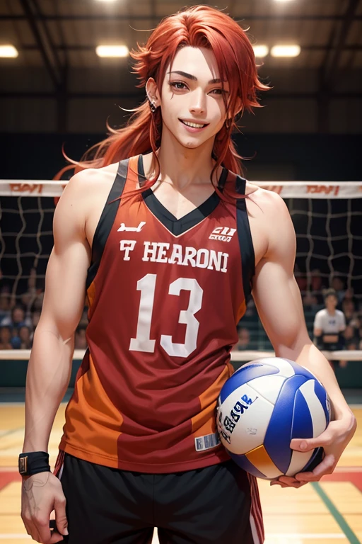 A boy from the anime Haikyuu, with slightly long red hair , with lip and eyebrow piercings , Tall and Aoba player Josei on a volleyball court smiling