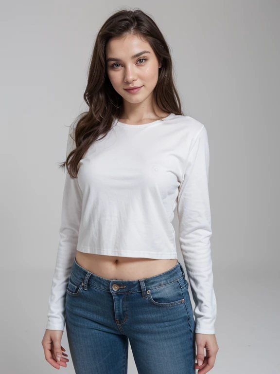 a russian women 25 years old, blue long sleeve, jean pant, white background, portrait, 8k, hyperdetailed, cute smile, pose like model, perfect eyes, 3/4 body