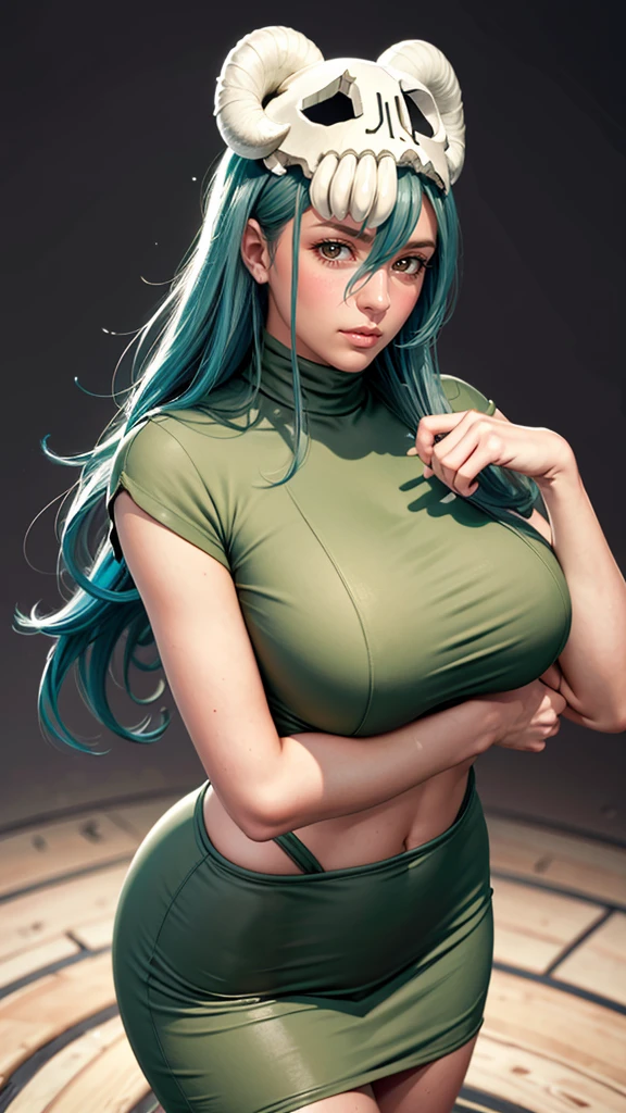 （（（Perfect figure，figure，odelschwanck，green clothes，（（（In the, long hair, facial mark, hair between eyes,  skull,skirt，yellow eyes））），S-shaped figure:1.7））），((masterpiece)),high resolution, ((Best quality at best))，masterpiece，quality，Best quality，（（（ Exquisite facial features，looking at the audience,There is light in the eyes，Happy，Lol））），（（（Interlacing of light and shadow，huge boobs））），（（（looking into camera，black background，）））