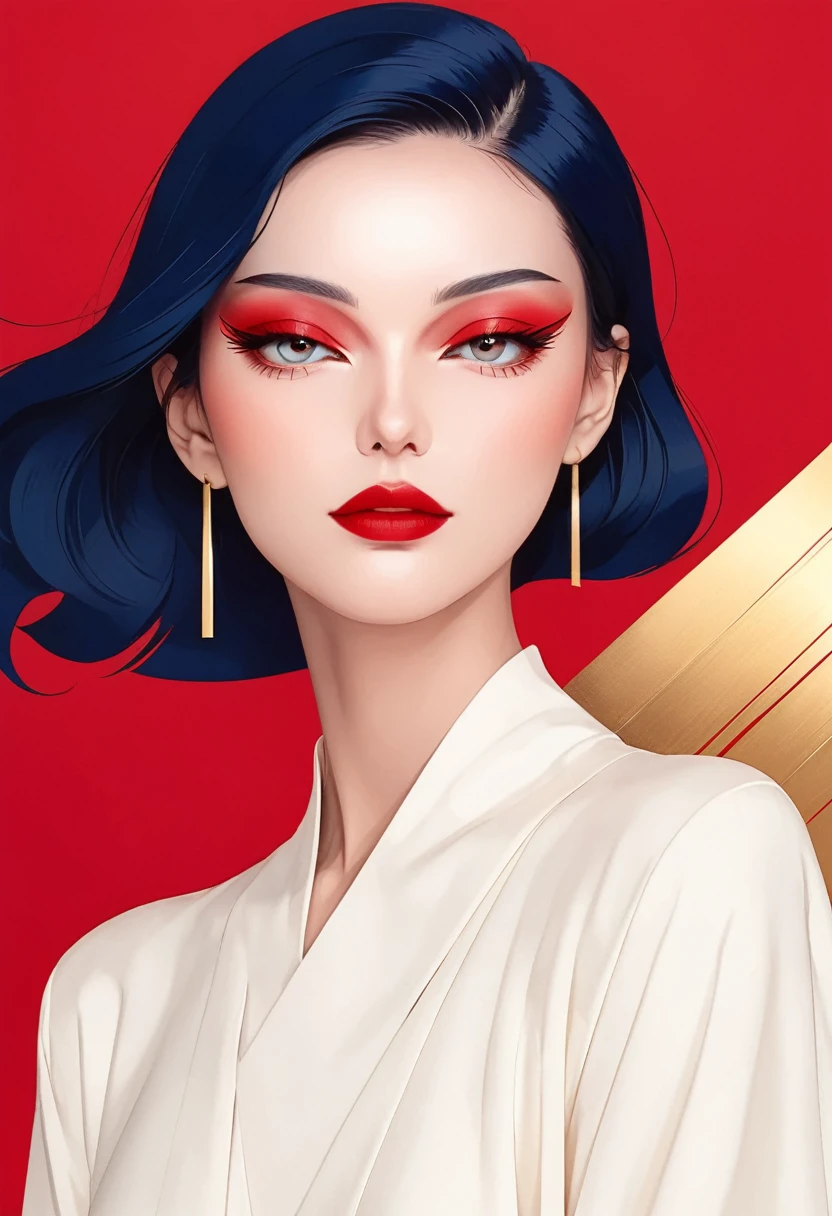 a flat illustration of a fashion girl, exaggerated pose,sapphire red vs gold cloth and hair,minimalist art,pure klein red background, in the style of suprematism ,elegant Shanghai woman,beautiful eyes,long eyelashes,red lips,random shots,smooth lines, pure white background, minimalist, ethereal Zen, high definition