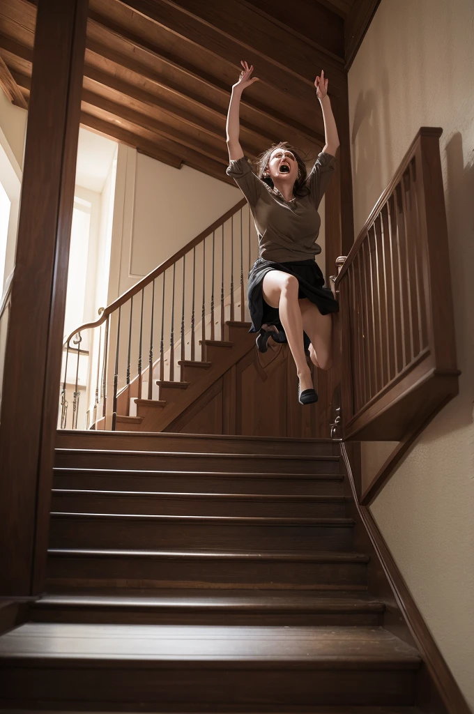 A realistic image of a woman falling down a staircase, captured mid-scream, as she tumbles down the stairs."