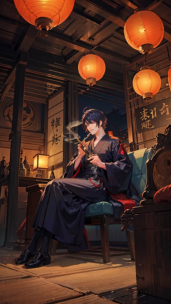 Man holding a smoking pipe,Japanese style architecture,night,Lantern,Sitting,Smoke coming out of his mouth,indoor