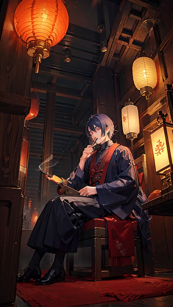 Man holding a smoking pipe,Japanese style architecture,night,Lantern,Sitting,Smoke coming out of his mouth,indoor