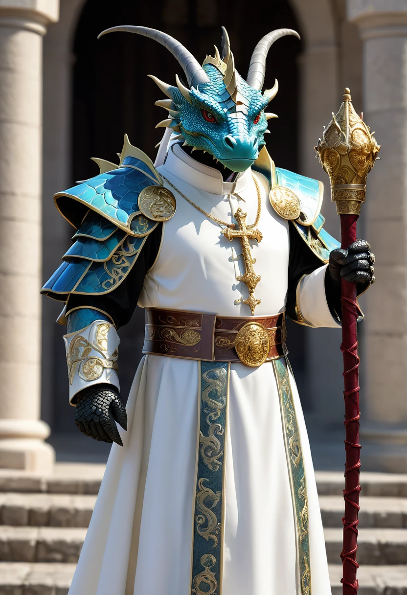 human nature, cannon, male, solitary, ((the strong，Handsome)), (dragon),((Traditional Catholic Pope outfit，Western dragon dragon horn))， standing，((Traditional Catholic style))，Hand in hand cross，high quality, (4K,high quality, high resolution, masterpiece), Front view (close up), cartoon,by lindong

