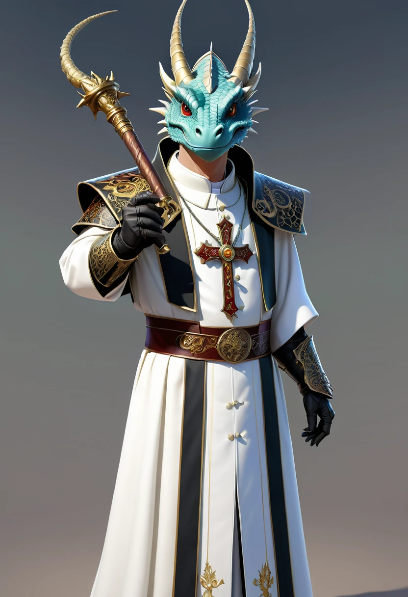 human nature, cannon, male, solitary, ((the strong,Handsome)), (dragon),((Traditional Catholic Pope outfit,Western dragon dragon horn)), standing,((Traditional Catholic style)),Hand in hand cross,high quality, (4K,high quality, high resolution, masterpiece), Front view (close up), cartoon,by lindong
