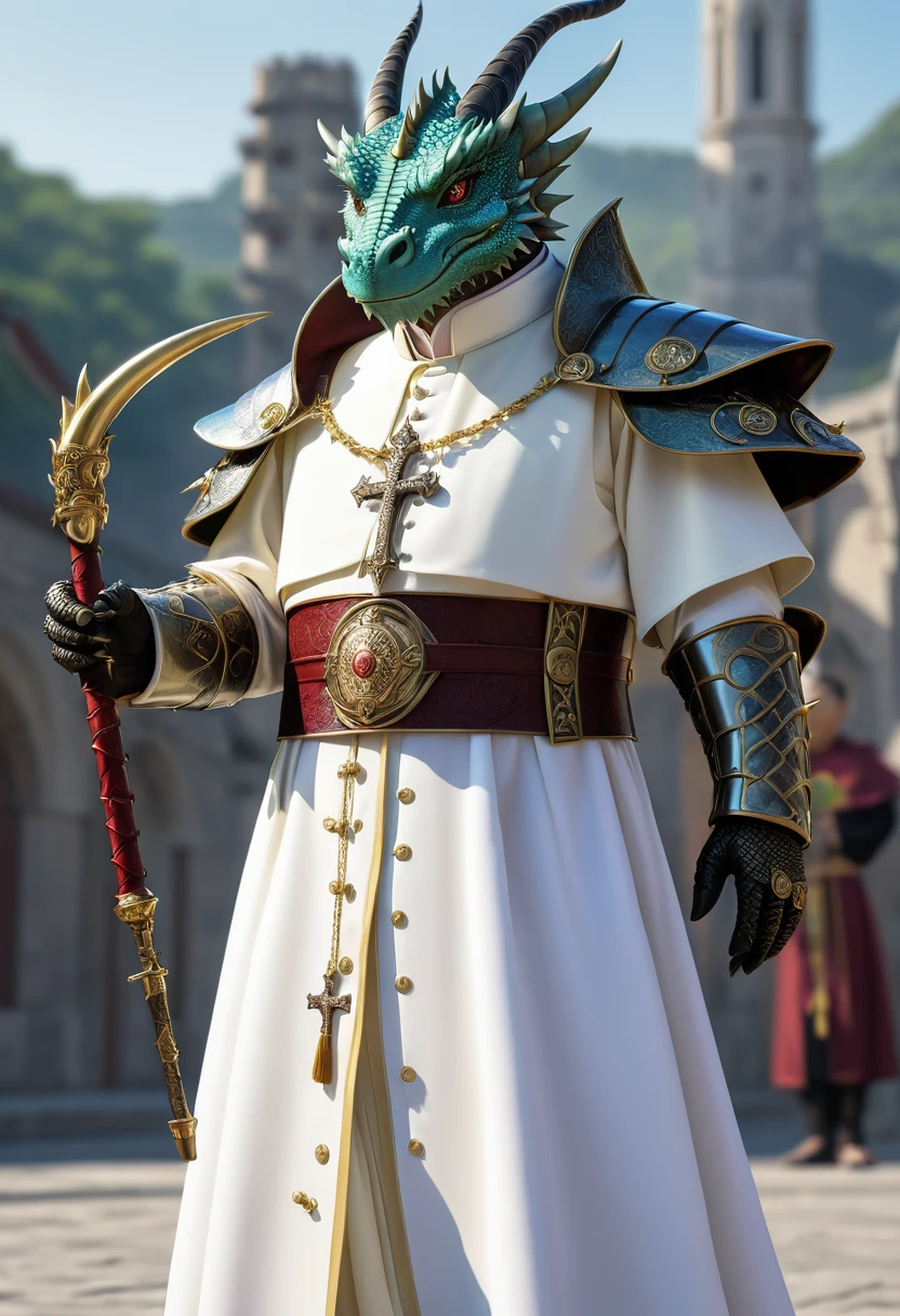 human nature, cannon, male, solitary, ((the strong,Handsome)), (dragon),((Traditional Catholic Pope outfit,Western dragon dragon horn)), standing,((Traditional Catholic style)),Hand in hand cross,high quality, (4K,high quality, high resolution, masterpiece), Front view (close up), cartoon,by lindong
