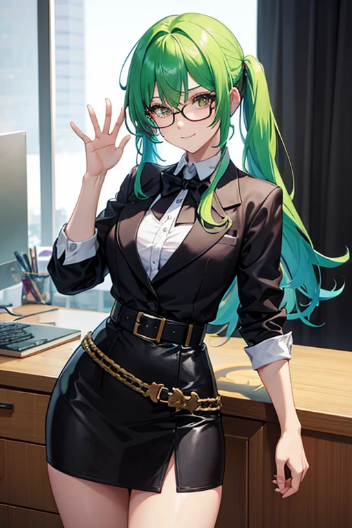 tall girl, colourful hair, Red hair, blue hair, green hair, secretary attire, black vest, colorful skirt, glasses on the head, defined hands, defined legs, defined face, black eyes, black left eye, right eye colors, Waist length hair, belt, defined smile, look ahead, office, fondo de office, medium bust, black tie. Yellow hair, colored highlights, hair, Defined body, defined face, defined smile
