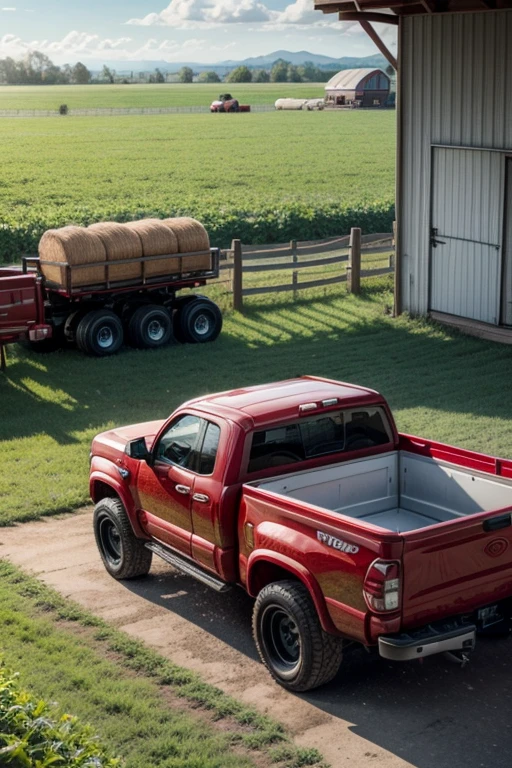 make a red truck with some small furniture in the back and a disney pixar style farm background