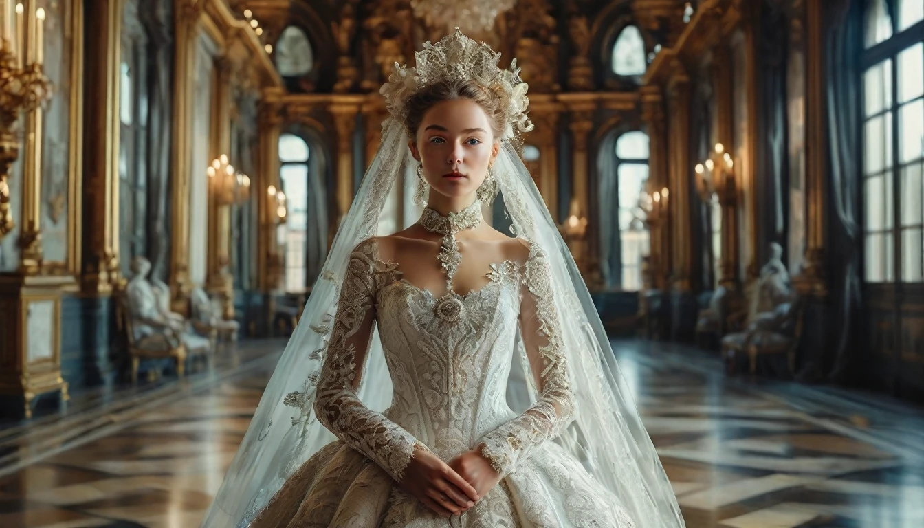 commercial photo of model full body portrait of a young beautiful bride symmetrical face Baroque, Rococo, Surrealism, unreal engine, intricate complexity high resolution, whimsically designed, portrait of a young beautiful bride, symmetrical face, perfect lighting, photorealistic 32K UHD, Pentax K-1 Mark II, Nikon AF-S Nikkor 14-24mm f/2.8G ED --ar 16:9 --style raw --v 5.1 --s 750 --q 2