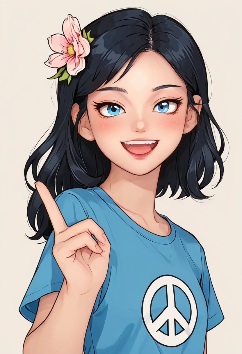 A cute happy girl with black hair, wearing a blue t-shirt , doing a peace sign in front of her eyes, with a simple background, in the style of flat color, in the chibi style, with a simple design, as a vector illustration, with bold lines, colorful, with simple details, with a simple background. --ar 3:4 --no Cropping Black edge White edge