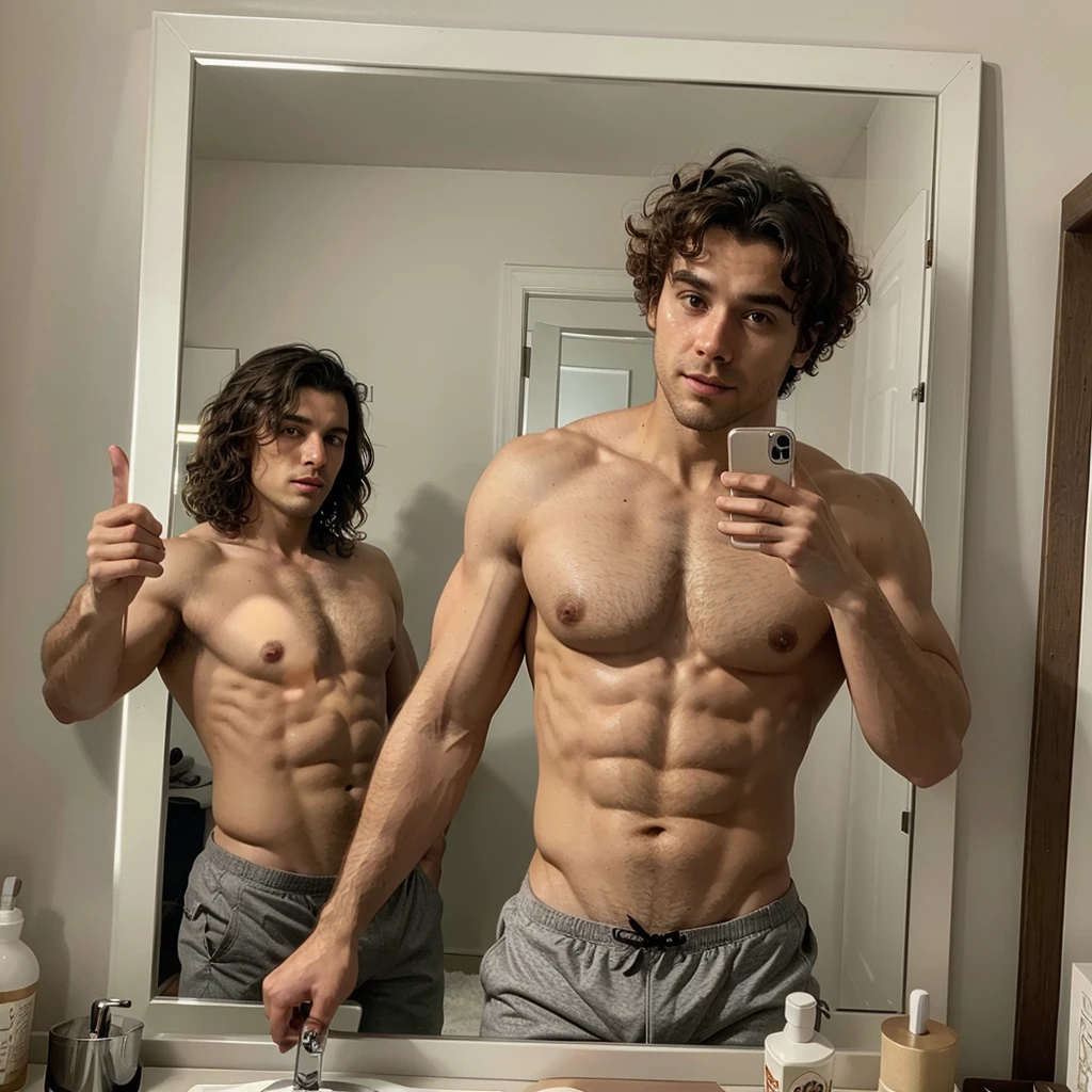 Handsome man , light bears, hot muscular body , medium curly hair , mirror selfie 