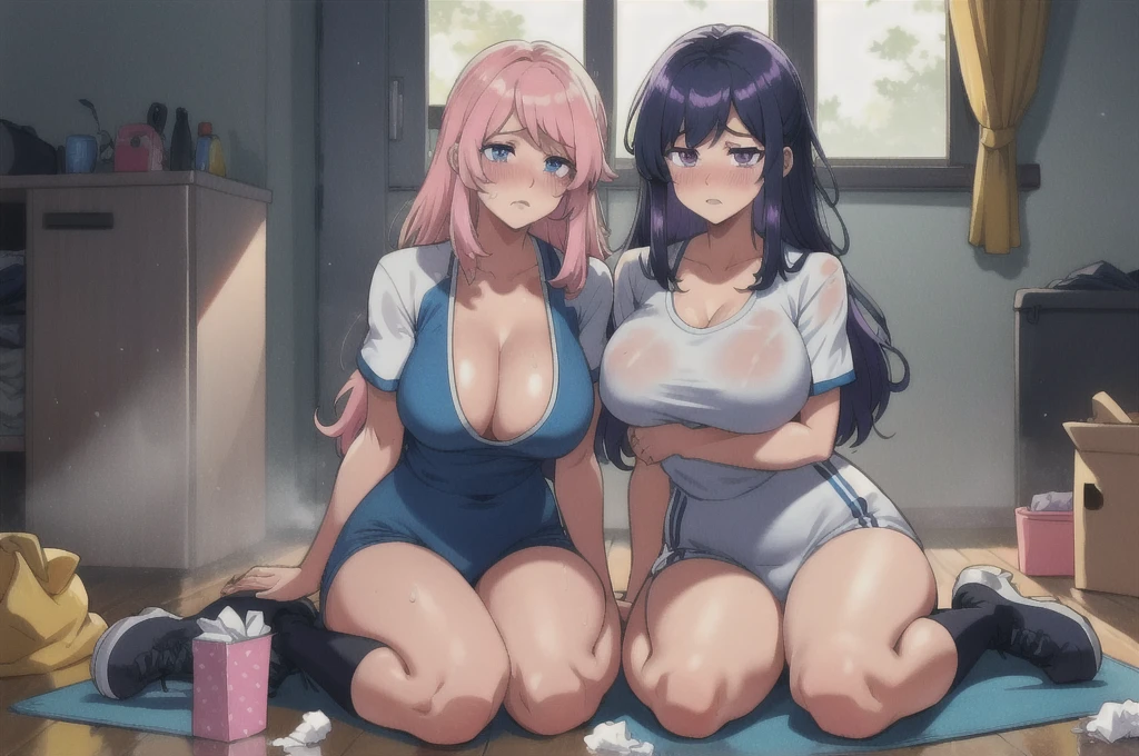 A large amount of sweat drips from the forehead,　Overall orange background in the evening　Sunset sunlight,Full body depiction on screen,　A large amount of rolled up tissue paper,　 There are lots of crumpled dirty tissues lying on the ground,　Heavy sweat on face,cold sweat,Sweat dripping from my forehead,Tears dripping from the edges of the mouth,　Sitting on a dirty bed,　A dirty futon with brown spots　Dirty and old gym mat ,Gymnasium Warehouse,　A lot of tissue paper ,　Garbage is very scattered,　Very dirty mat, 　 A room full of scattered trash,　Scared　I am going to cry　Embarrassing　??????????? that look like their clothes will rip off　very large ?????　Extremely distended ?????　?????????? bulge　Dimly lit room　Hardwood floors　Scattered tissue paper　White gym clothes, blue sleeves　Blue bloomers　high school student　Illustrated style　Anime Style　Frown　Narrow Mouth　Small lips　Frightened face　Baby Face　beautiful girl　Very cute clothes　cheeks pink　Light purple hair　Blonde Long Hair　Super Curly Hair　Super long sideburns　Clothes made of rubber material　Hair band　Wet and transparent pearl white silk tights　White super long boots　Big eyes　Hanging eyes　Stern look　Shocking Pink Rouge　Sweating profusely　　Crushed tissue paper　My whole body is wet from the rain　A large amount of yellow yogurt adheres to the body　Mucus clings to the whole body　Mucus stuck in the hair