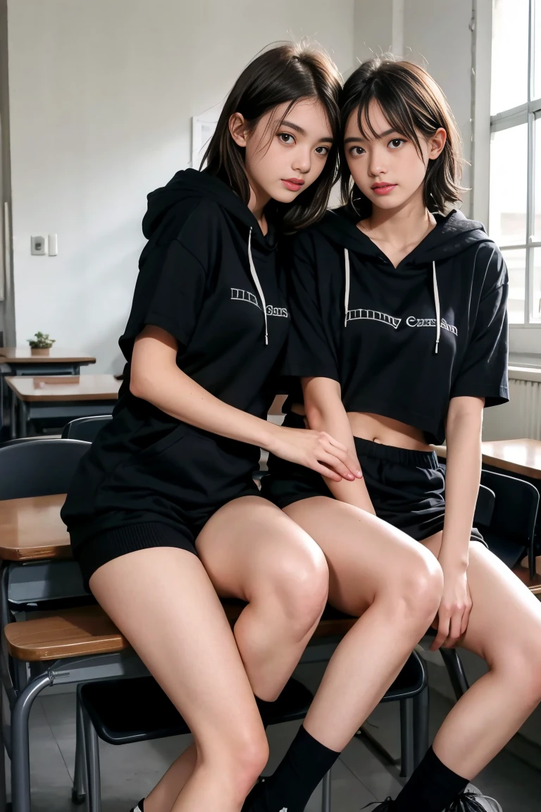 deux femmes ensemble de 18 ans sexy et mince , black short sleeve hoodie , salle de classe, se touche,position sey,sensuel