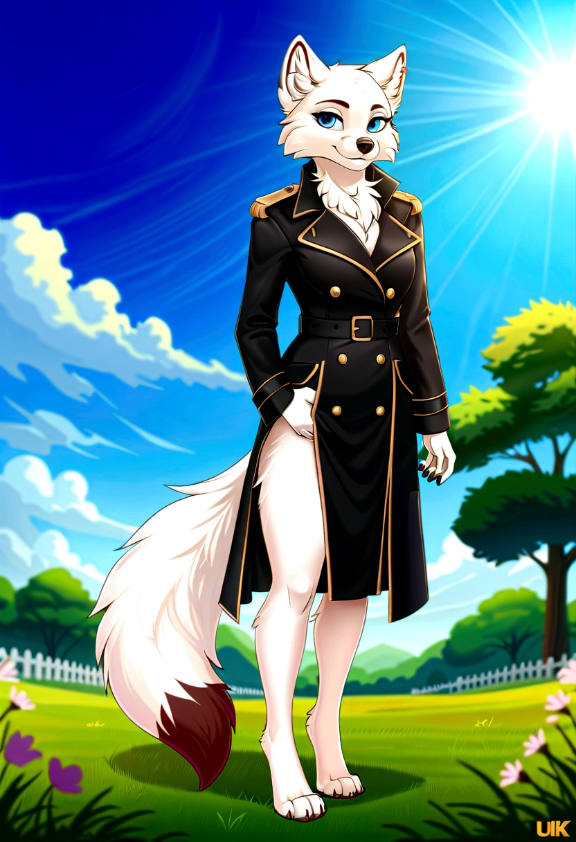 Hairy Women, arctic fox, mammal, A beautiful furry fox girl is standing in a park posing against, She looks at the audience and smiles, She wears a black trench coat, looking off to the side, Field of view, sky空, sky, Beautiful blue eyes, Award-winning illustrations|Popular on ArtStation, masterpiece|highly detailed|best quality|HD|8K|uHD|intricate details|extreme_detail