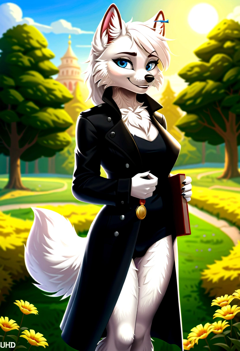 Hairy Women, arctic fox, mammal, A beautiful furry fox girl is standing in a park posing against, She looks at the audience and smiles, She wears a black trench coat, looking off to the side, Field of view, sky空, sky, Beautiful blue eyes, Award-winning illustrations|Popular on ArtStation, masterpiece|highly detailed|best quality|HD|8K|uHD|intricate details|extreme_detail