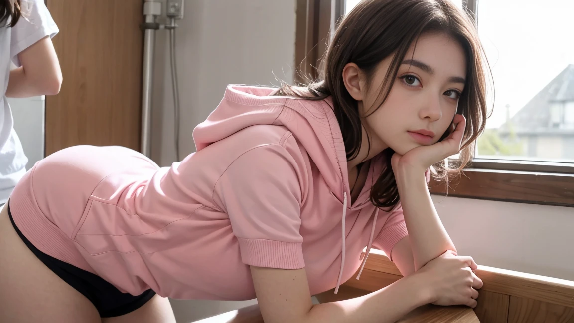 deux femmes ensemble de 18 ans sexy et mince , pink short sleeve hoodie , salle de classe, se touche,position sey,sensuel