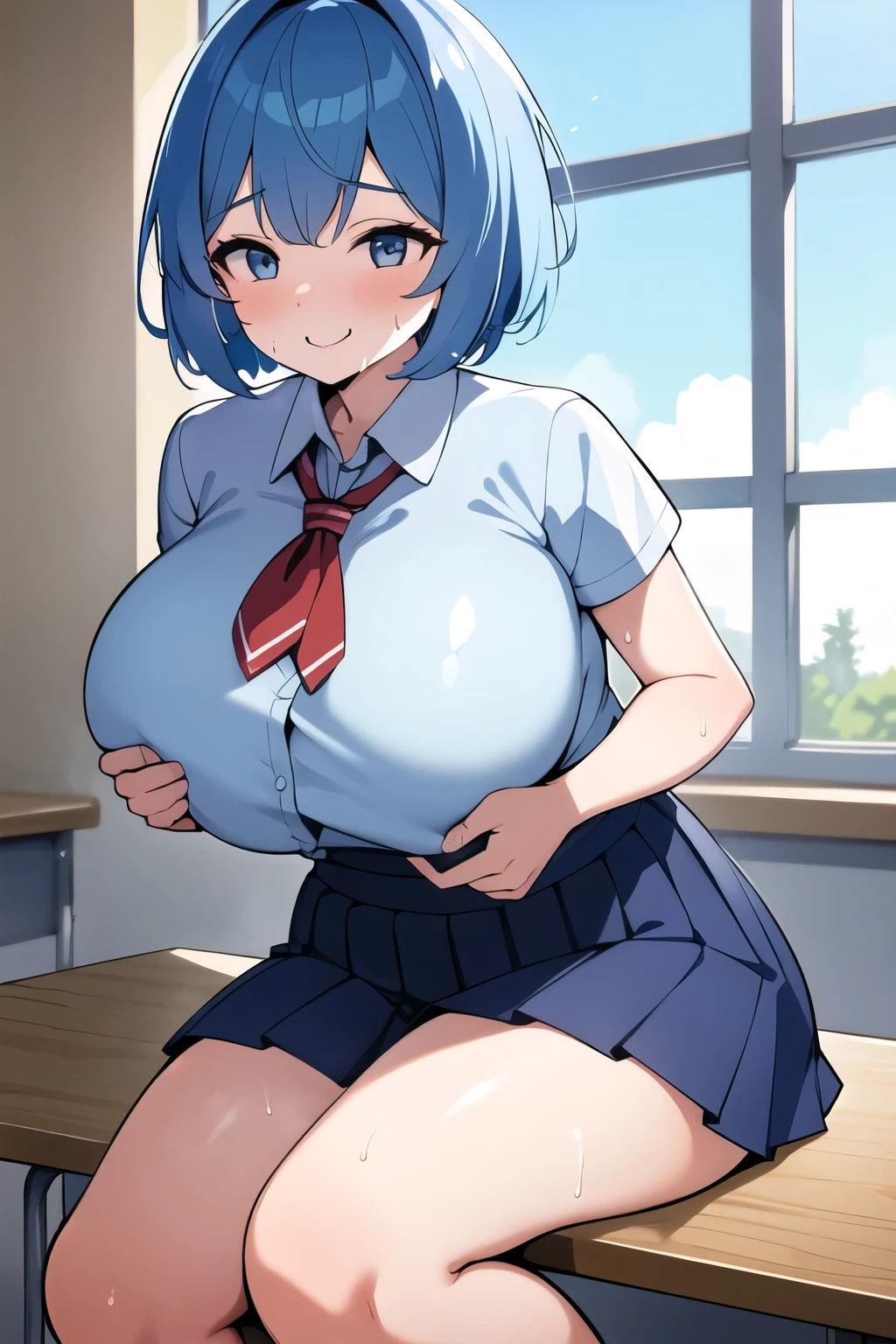 1 Female, Age 20,whole body,bangs,Light blue medium hair,smile, Big Breasts, Short Hair,High quality anime, (Sweat), High resolution, 8K, background: School classroom,Window,