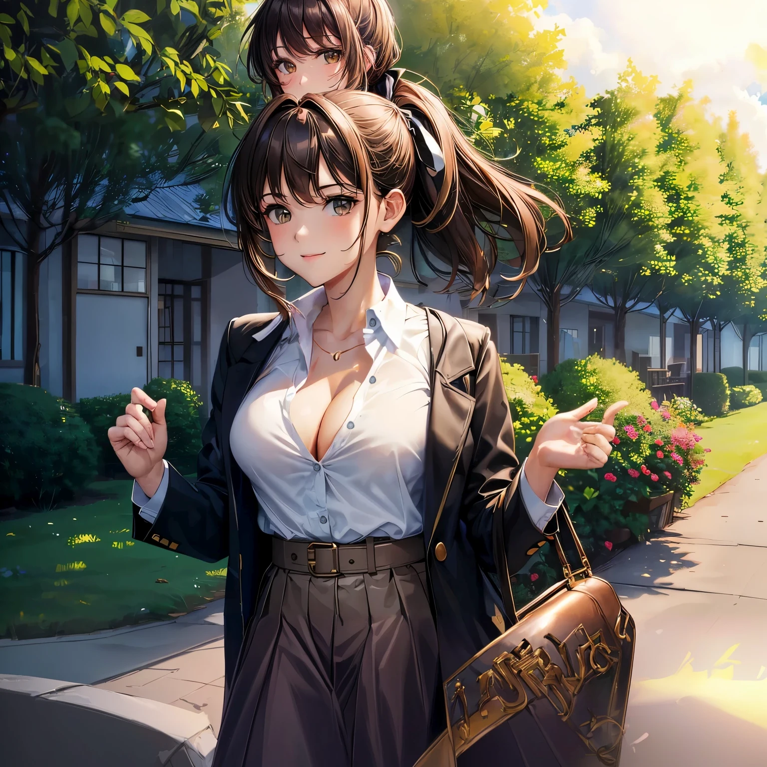 1girl, solo, summer, village, trees, sun, clouds, ((colorful hair)), curly hair, ponytail, big full breasts, ((black blazer)), button down shirt, ((white shirt)), ((short sleeved shirt)), ((unbuttoned shirt)), unbuttoning buttons, cleavage 1:3, brown eyes, skirt, smile, looking at the viewer, standing, hair ribbon, golden necklate