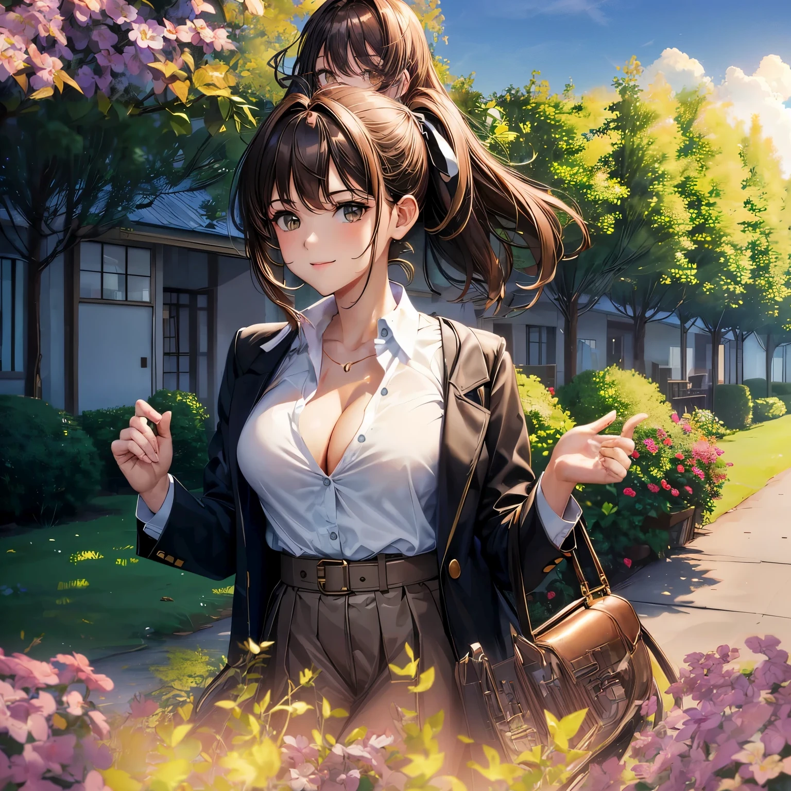 1girl, solo, summer, village, trees, sun, clouds, ((colorful hair)), curly hair, ponytail, big full , ((black blazer)), button down shirt, ((white shirt)), ((short sleeved shirt)), ((unbuttoned shirt)), unbuttoning buttons, cleavage 1:3, brown eyes, skirt, smile, looking at the viewer, standing, hair ribbon, golden necklate