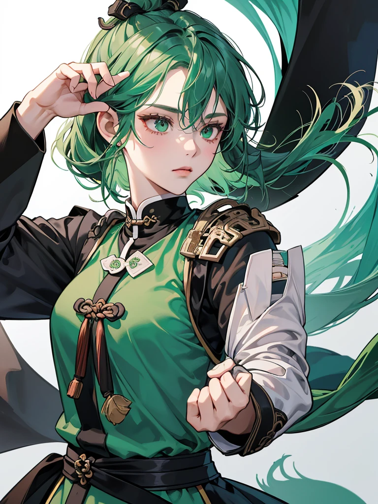 Masterpiece, Best quality, 1 Female, Mature Woman, Elder Sister, Royal Sister, Cold Face, strong, green eyes, wolfcur hair, smoky color hair, resolute eyes, simple white Taoist Taoist uniform, black accessories, sarashi, one shoulderancient, Chinese mix morden, blank background, remove background