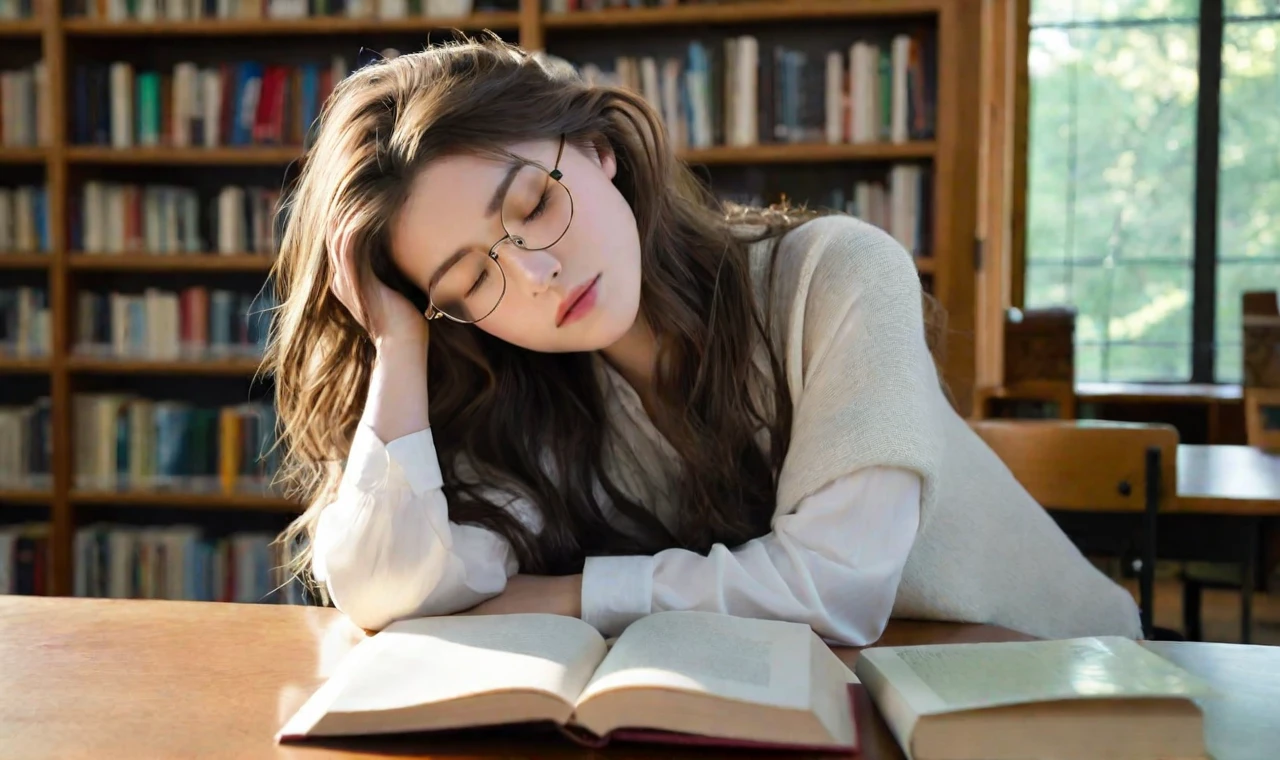 A high-quality, realistic image of a beautiful girl dozing in a cozy library. She is seated at a wooden desk, her head resting on her folded arms atop an open book. Her long, wavy hair cascades over her shoulders, partially covering her peaceful, relaxed face. She has delicate features, with a serene expression and softly closed eyes, suggesting she is in a light, comfortable sleep.

The library is warmly lit, with soft, ambient lighting that creates a tranquil and inviting atmosphere. Shelves filled with books line the background, and a nearby window lets in a gentle stream of natural light. The desk is cluttered with various books, notebooks, and a pair of reading glasses, indicating a productive study session before she drifted off.
Her outfit is casual yet stylish, perfectly,A high-quality, realistic image of a beautiful girl dozing in a cozy library. She is seated at a wooden desk, her head resting on her folded arms atop an open book. Her long, wavy hair cascades over her shoulders, partially covering her peaceful, relaxed face. She has delicate features, with a serene expression and softly closed eyes, suggesting she is in a light, comfortable sleep.

The library is warmly lit, with soft, ambient lighting that creates a tranquil and inviting atmosphere. Shelves filled with books line the background, and a nearby window lets in a gentle stream of natural light. The desk is cluttered with various books, notebooks, and a pair of reading glasses, indicating a productive study session before she drifted off.
Her outfit is casual yet stylish, perfectly,1girl