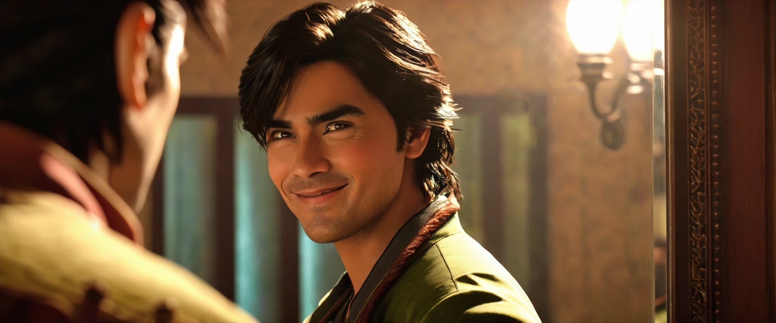 Action: The protagonist looks in the mirror one last time, with a confident smile.