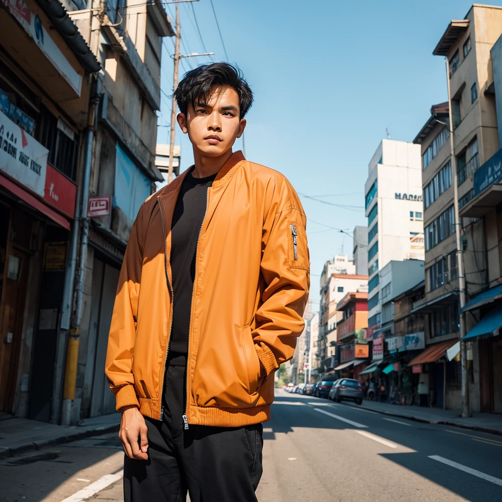an Indonesian man wearing a jacket and standing straight facing the front. The photo was taken from a front position, urban background, the image looks like it was taken by a professional photographer.