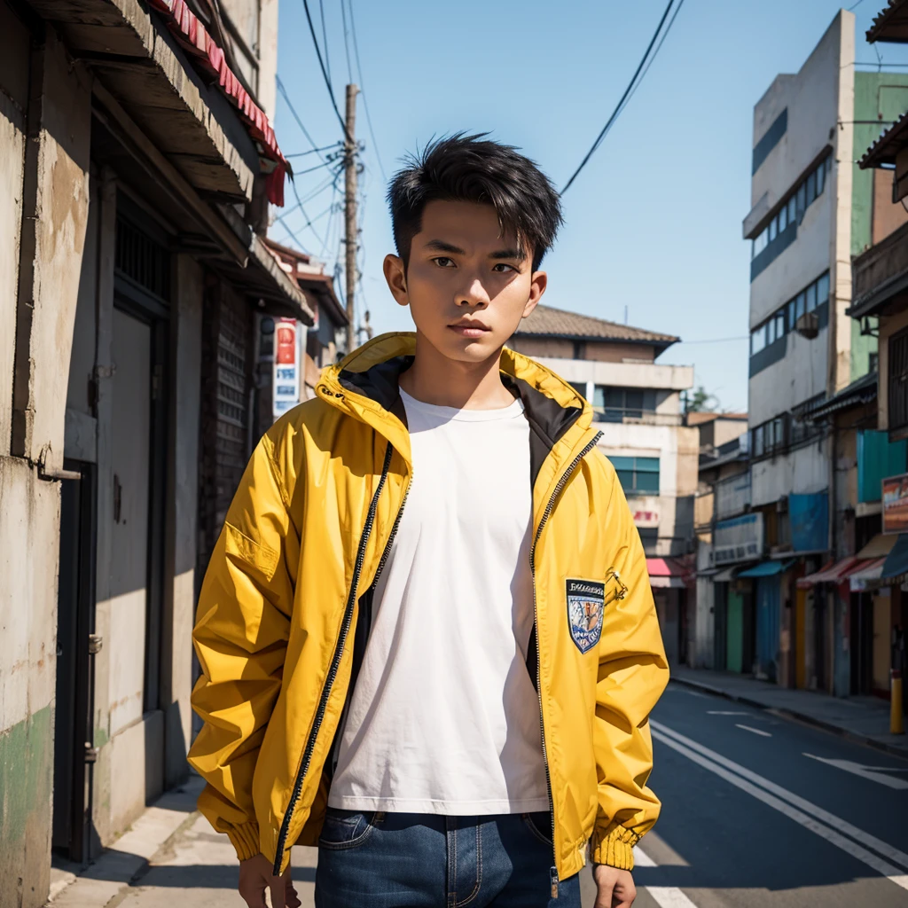 an Indonesian man wearing a jacket and standing straight facing the front. The photo was taken from a front position, urban background, the image looks like it was taken by a professional photographer.