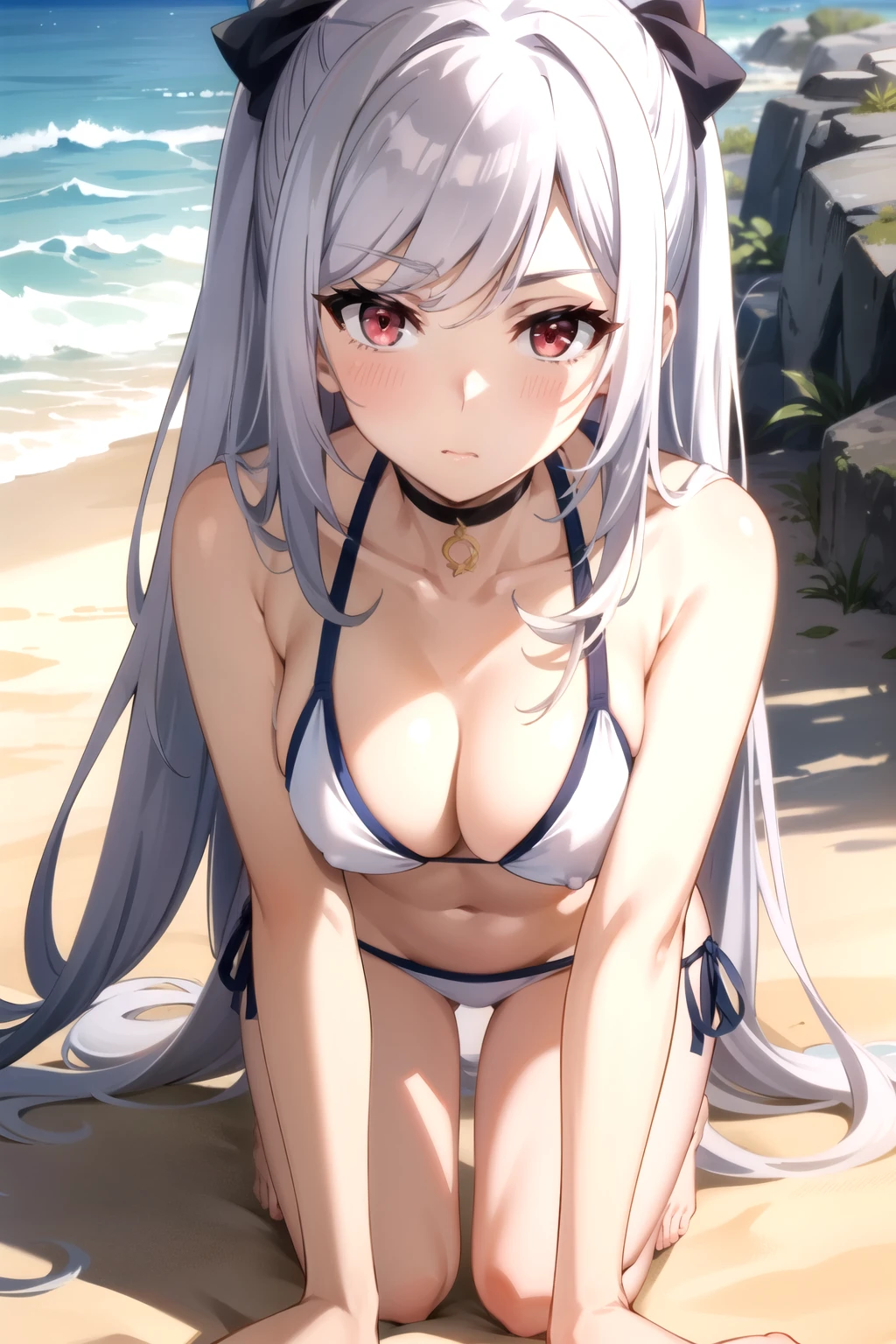 (alexia midgar), (faithfully), One gir, red eyes, long hair, very long hair, Silver hair,hair ribbon, sidelocks, (medium breastst), (white low rise bikini: 1.3), (all fours: 1.4), Beach,