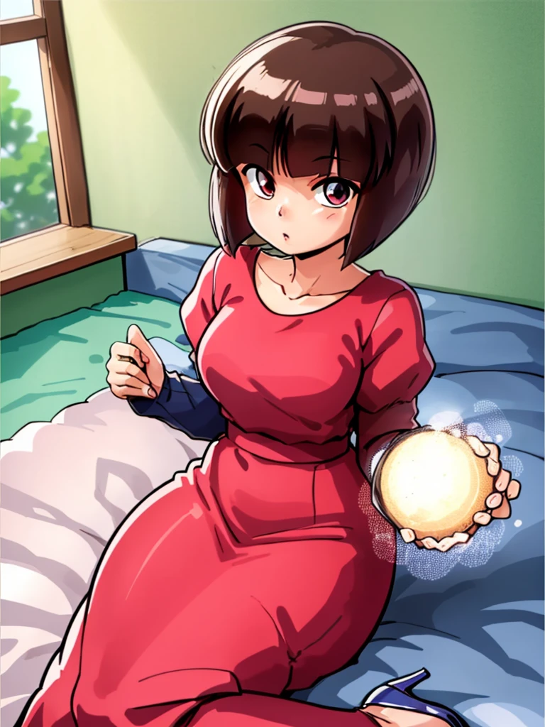 nabiki tendo, nabiki, looking at viewer, , (masterpiece:1.2), (best quality), (ultra detailed), (8k, 4k, intricate),(light particles, lighting, (highly detailed:1.2),(detailed face:1.2), (gradients), colorful, detailed eyes, bedroom background, (detailed background), solo, daylight, bob cut, mini skirt, thick tights, red dress, pelvic curtain dress, heels, sit on bed,