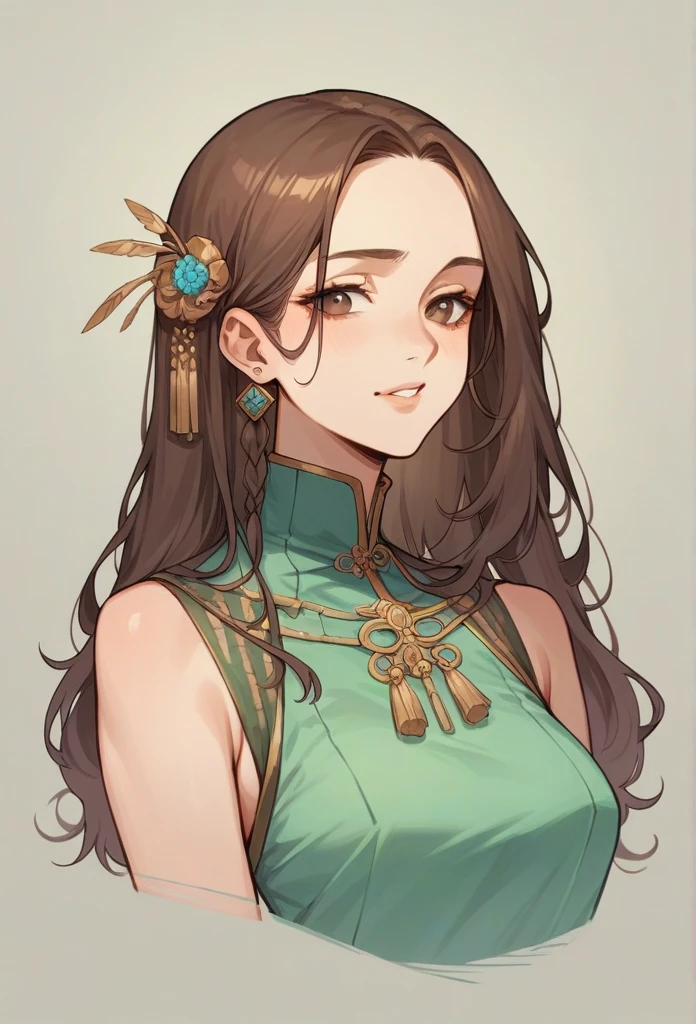 Make a 20 year old woman with straight and long brown hair, and she is indigenous using indigenous accessories, and she&#39;s wearing a detective outfit 