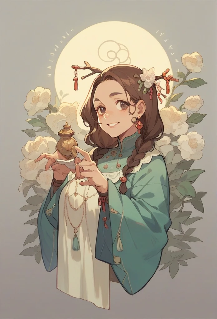 Make a 20 year old woman with straight and long brown hair, and she is indigenous using indigenous accessories, and she&#39;s wearing a detective outfit 