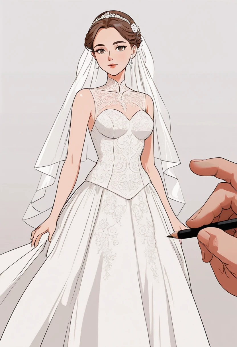 Vector Art, Flattening, smooth line art, Minimalism, graphic design aesthetics, flat illustration, (masterpiece, best quality, perfect composition, very aesthetic, absurdres, ultra-detailed, intricate details, Professional, official art, Representative work:1.3), woman in wedding dress