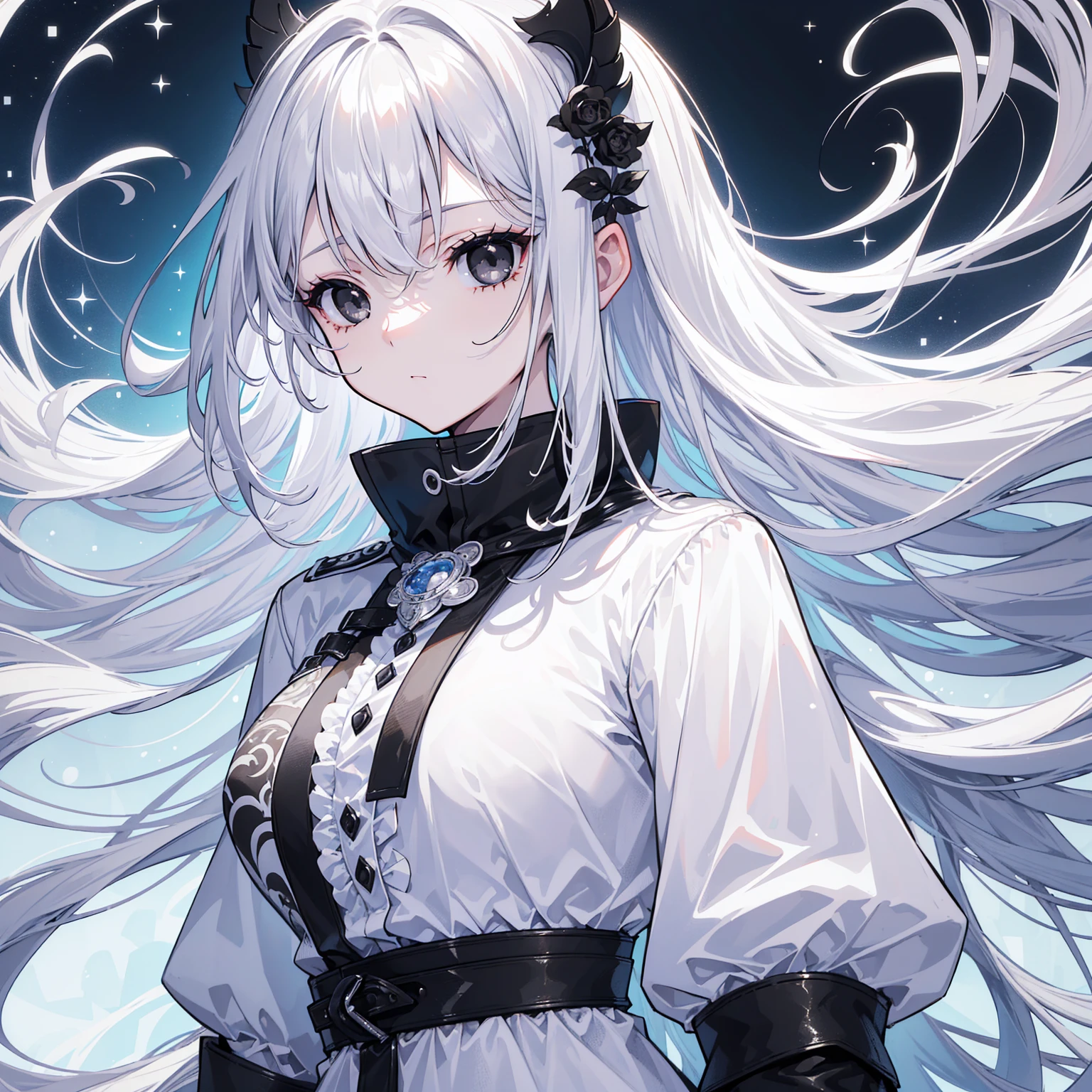 (Top image quality)、(Ultra Detailed)、(Facing forward)、top quality、masterpiece、(((1 girl)))、Silver Hair、white hair、((Long hair))、(black eyes:1.6)