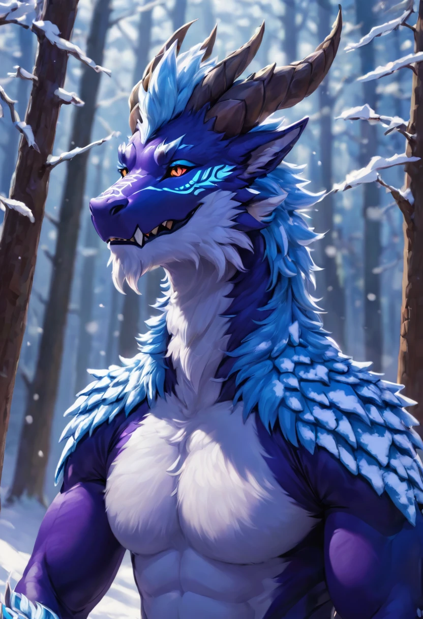 Princess Maine, dragon, femenine body, big breastes, White horns, red-eyes, a 1girl, wings, paws with claws, Dragon scales, tail,  naked body, naked ass, Female genitals, The body is completely, mouth open, Eyes glow, stands in full growth, adult body, Female genitals, winter, Winter Forest, a scarf, snowing, Trees in the snow, snowstorm, skiing, Frozen lake, Skiing, ice, Ice Lake, skiing, Mountainside
