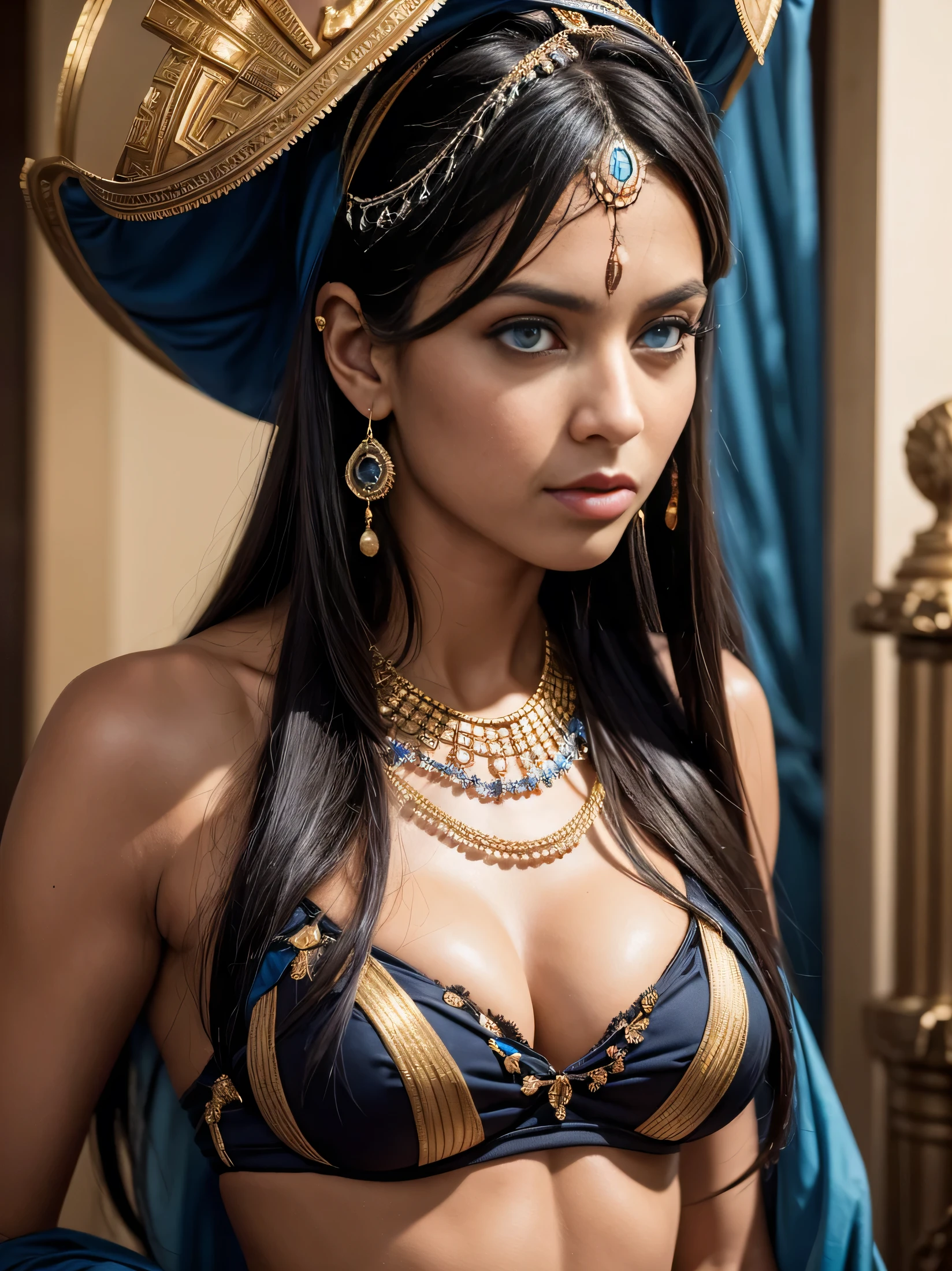 Masterpiece, paparazzi shot of scantily clad MILLIE BOBBY BLack, INTENSE BLUE EYES, fking_scifi, fking_scifi_v2, portrait of a young, seductive, extremely beautiful and attractive woman, big cleavage, in ancient roma 41bc, long messy BLack hair, rich colorful clothes and golden jewelry, close up, regal pose and attitude. fking_cinema_v2