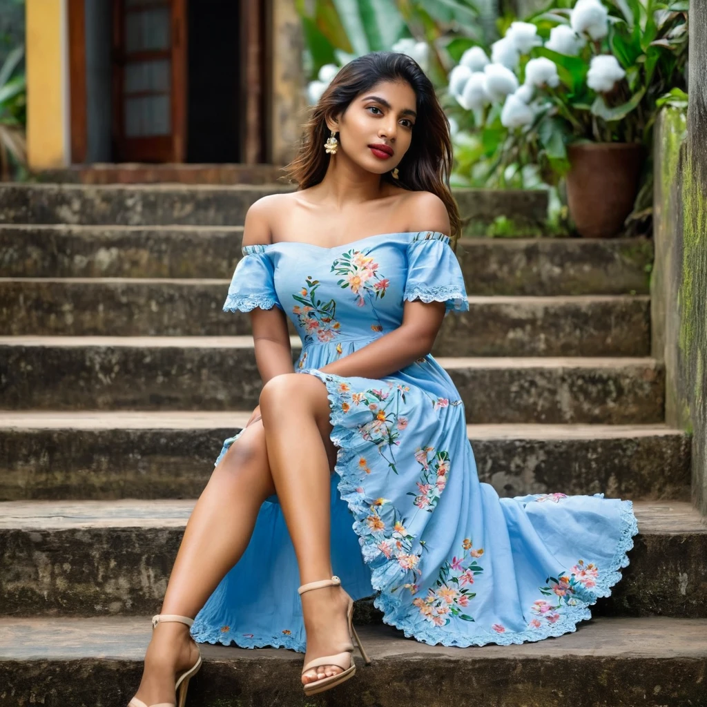 one pretty Woman sitting on steps with legs crossed wearing a light blue off shoulder cotton frock with flowers designed on it she has big and hot body, in a background of Srilanka