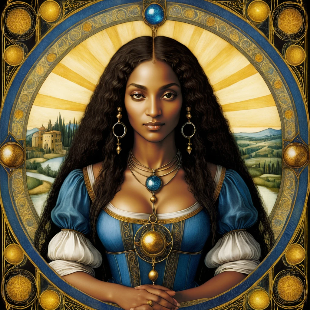 Tarot card image: "The Dependent" (image made by leonardo da vinci) (black ethnicity) Renaissance style