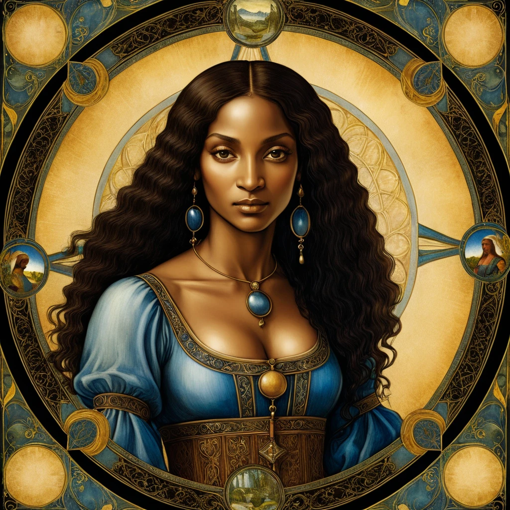 Tarot card image: "The Dependent" (image made by leonardo da vinci) (black ethnicity) Renaissance style