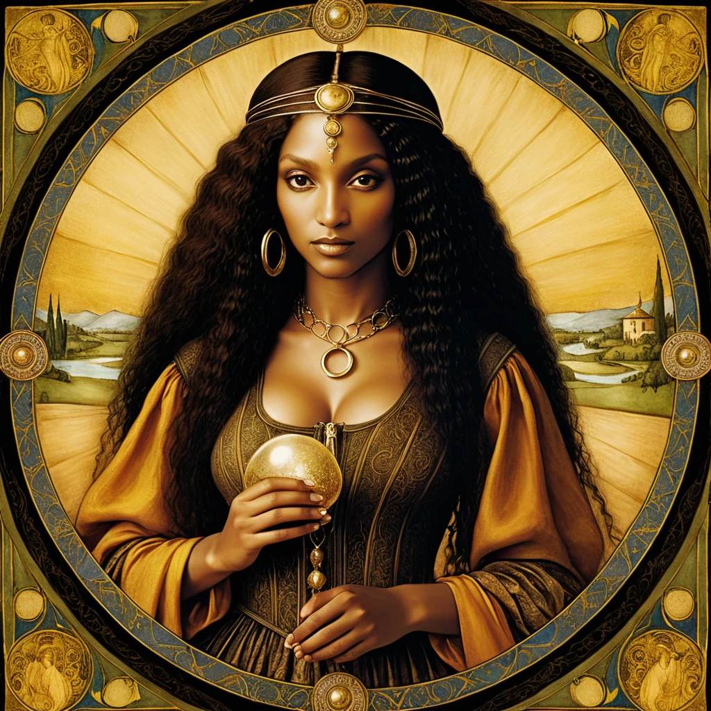 Tarot card image: "The Dependent" (image made by leonardo da vinci) (black ethnicity) Renaissance style