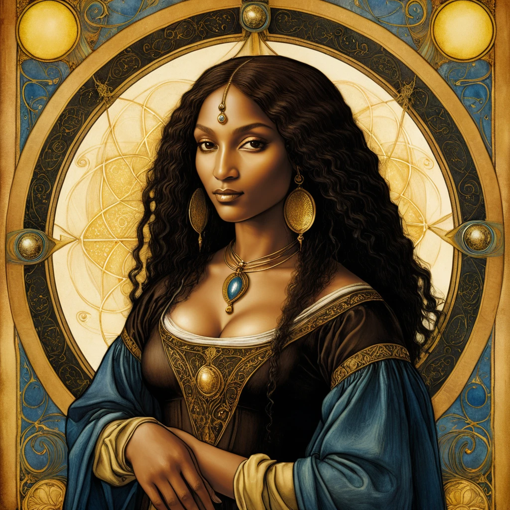 Tarot card image: "The Dependent" (image made by leonardo da vinci) (black ethnicity) Renaissance style