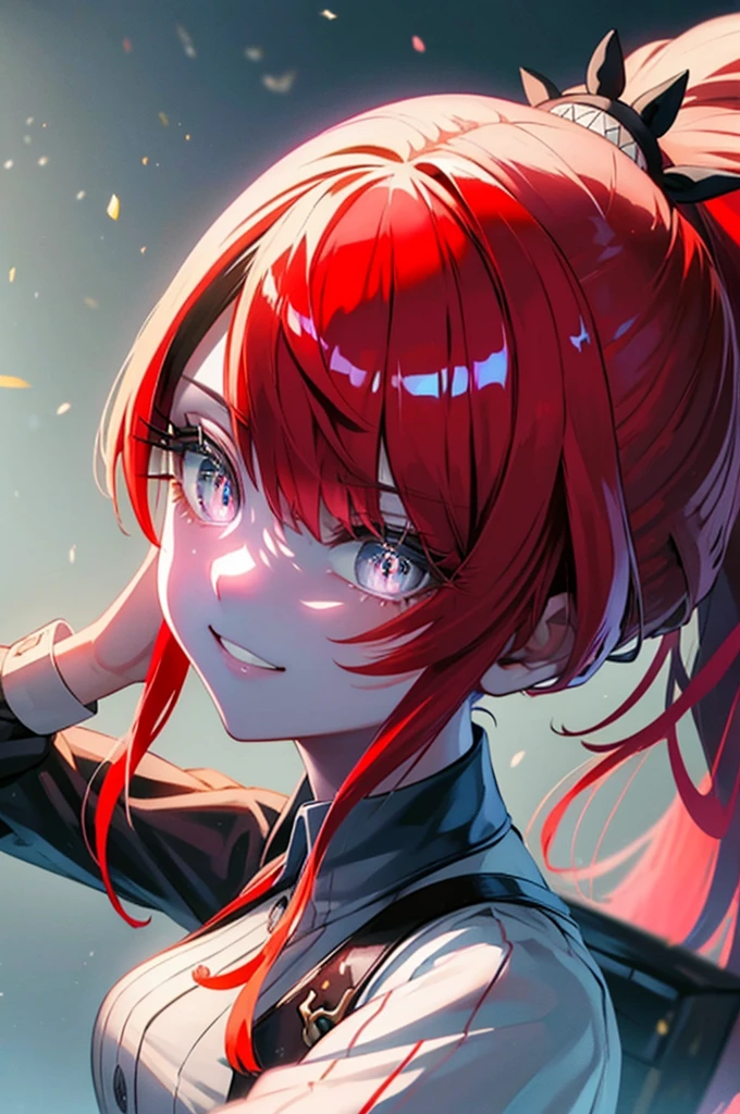 Layne Patterson（Nijisanji）,ponytail,Red Hair,One eye is hidden,Grey Eyes,Black Ribbon,Medium chest,beautiful,smile, BREAK (masterpiece:1.2), highest quality, High resolution, unity 8k wallpaper, (shape:0.8), (Beautiful and beautiful eyes:1.6), Highly detailed face, Perfect lighting, Highly detailed CG, (Perfect hands, Perfect Anatomy),