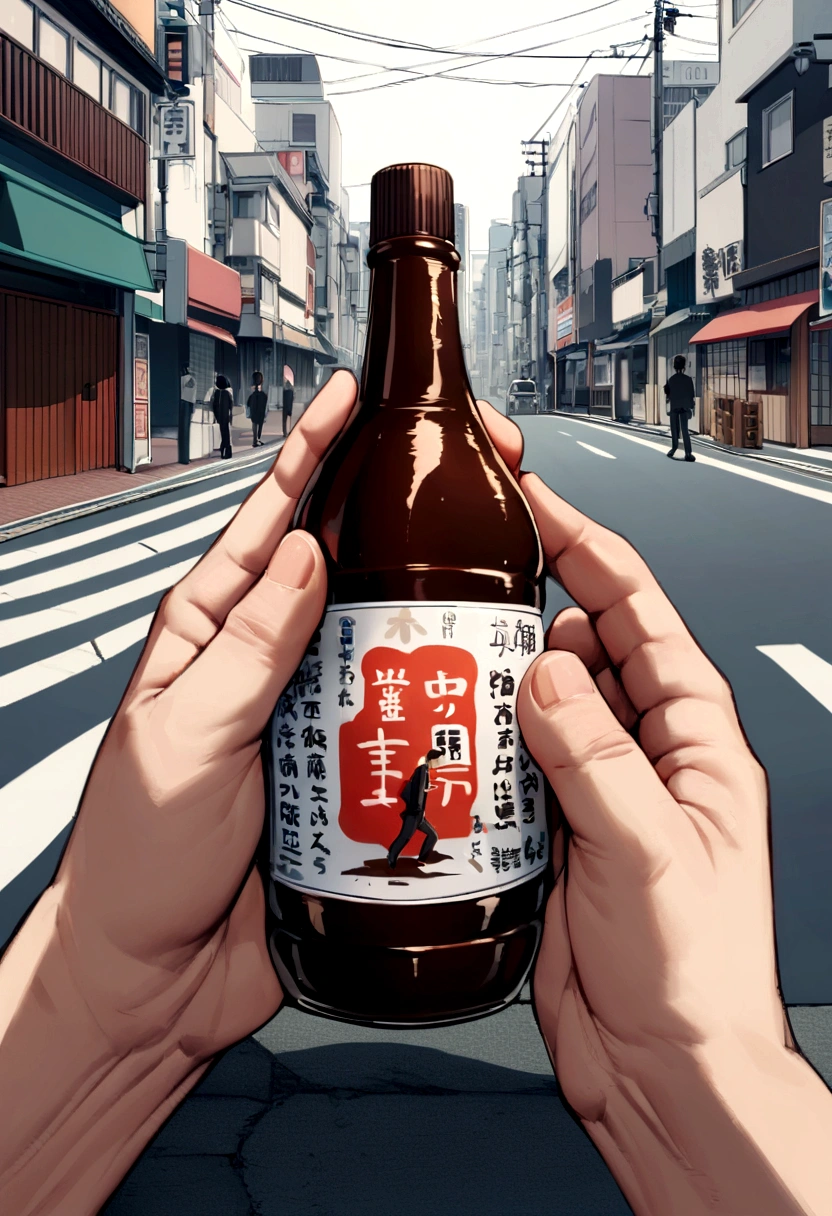 Boy is running in hurry, he is running on a street in Tokyo Japan, his hand is taking Butadon Sauce for Japanese food, show his hand takes a black bottle Butadone sauce