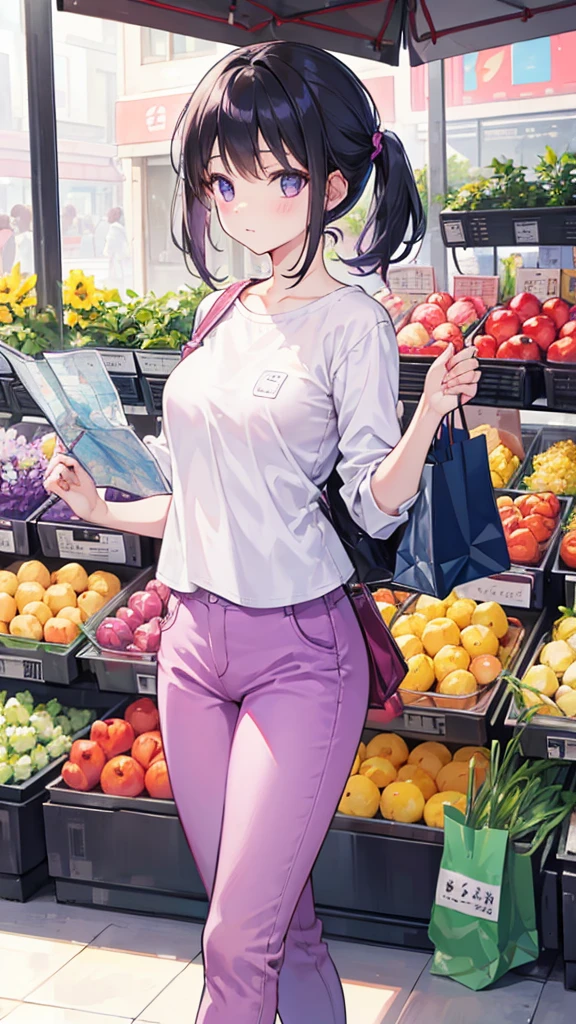 A girl holding a map walk in the market with a shopping bag girl white shirt and purple pant