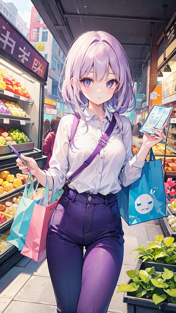 A girl holding a map walk in the market with a shopping bag girl white shirt and purple pant