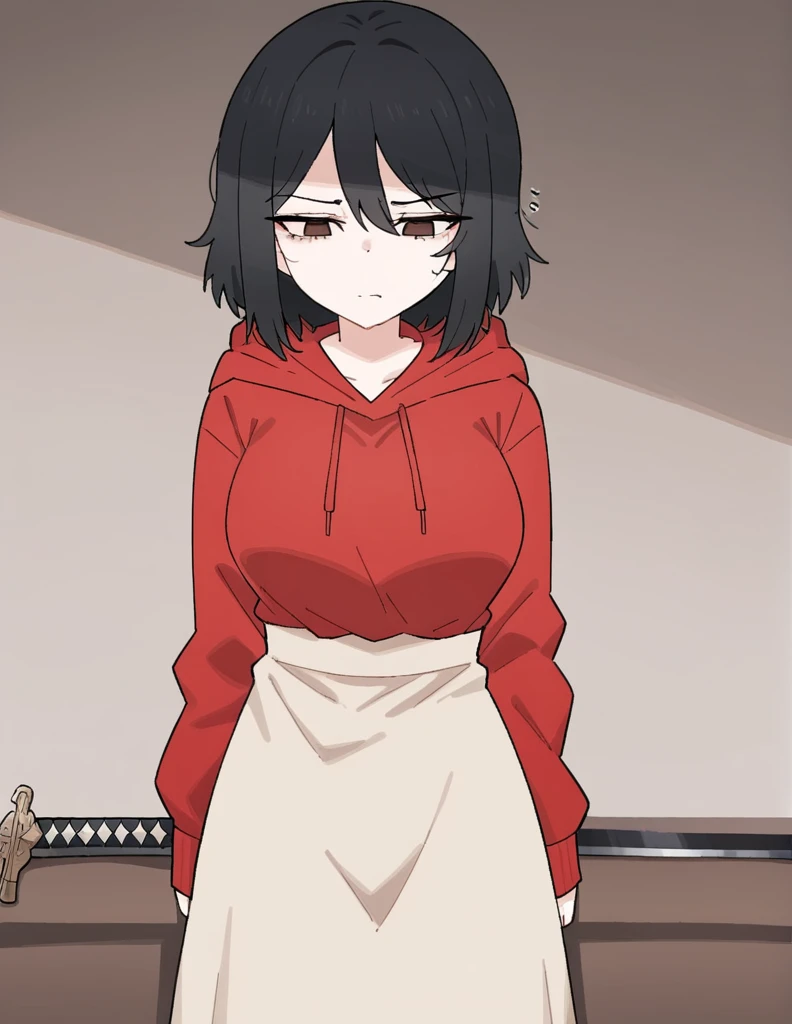 Girl, medium-length black haired, brown eyes, tired expression, red hoodie, airheaded, black sword, beige dress underneath the red hoodie 