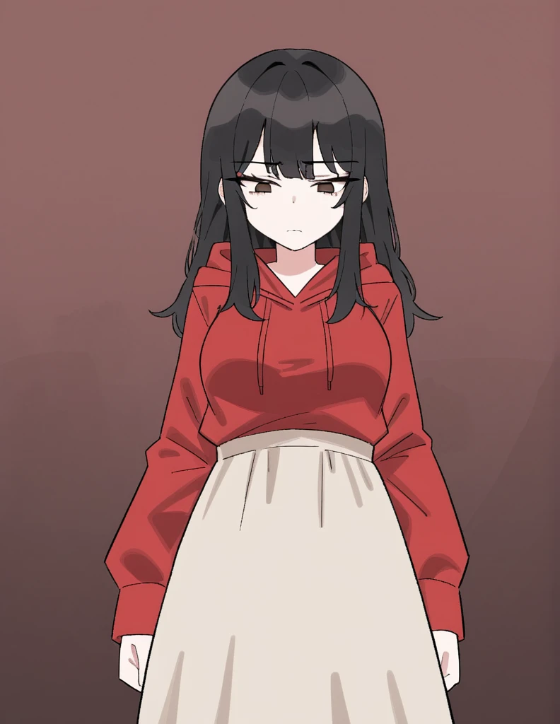 Girl, medium-length black haired, brown eyes, tired expression, red hoodie, airheaded, black sword, beige dress underneath the red hoodie 
